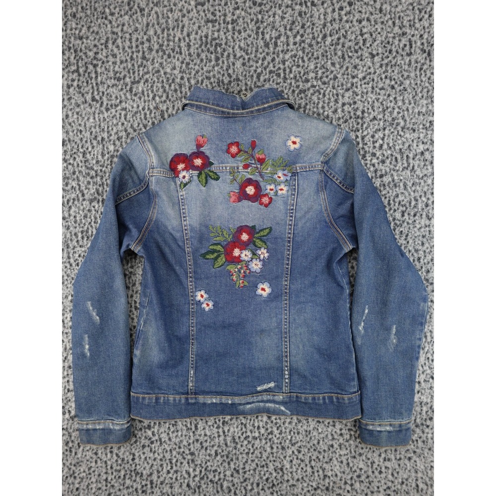 Driftwood Geena Denim Jacket Womens Small Blue Floral Embroidered Distressed - Picture 10 of 11